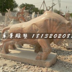 石雕牛，晚霞紅牛雕塑，晚霞紅石頭牛雕塑