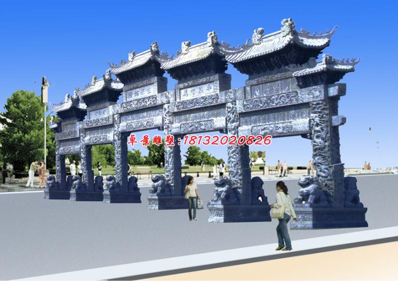 五門(mén)石牌坊，青石牌坊雕塑 (4)