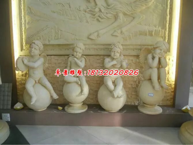 小天使石雕，漢白玉西方小孩雕塑