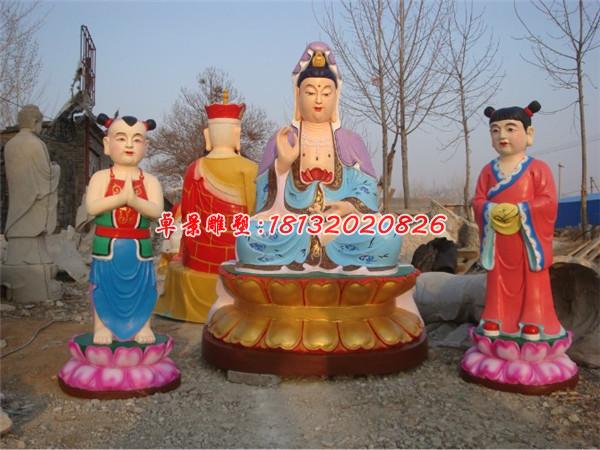 玻璃鋼觀音菩薩和善財童子雕塑，彩繪觀音菩薩雕塑