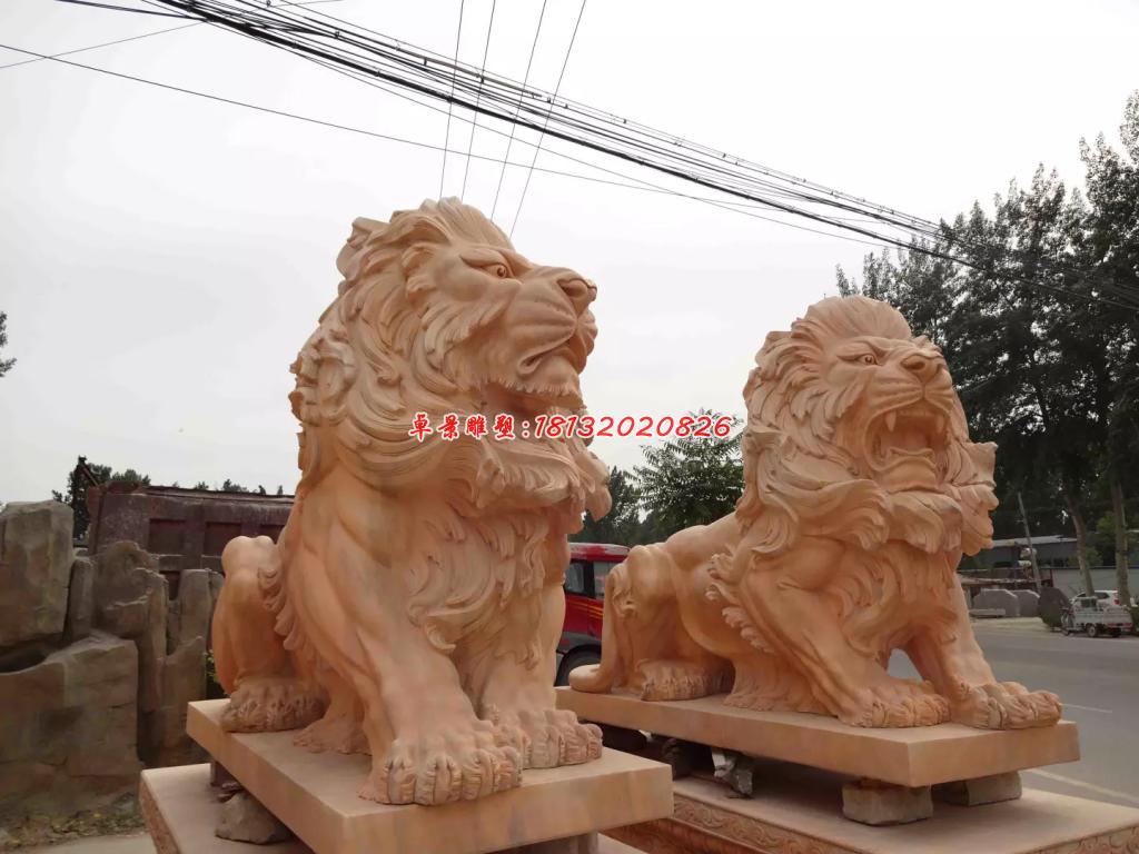 西洋獅石雕，晚霞紅趴著獅子雕塑 (2)