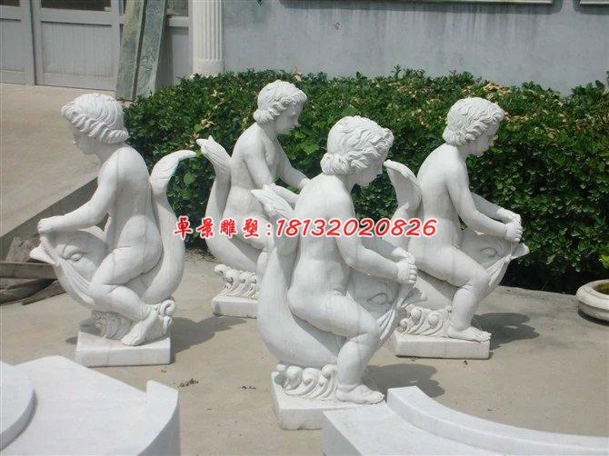 漢白玉人物雕塑，小孩騎魚石雕