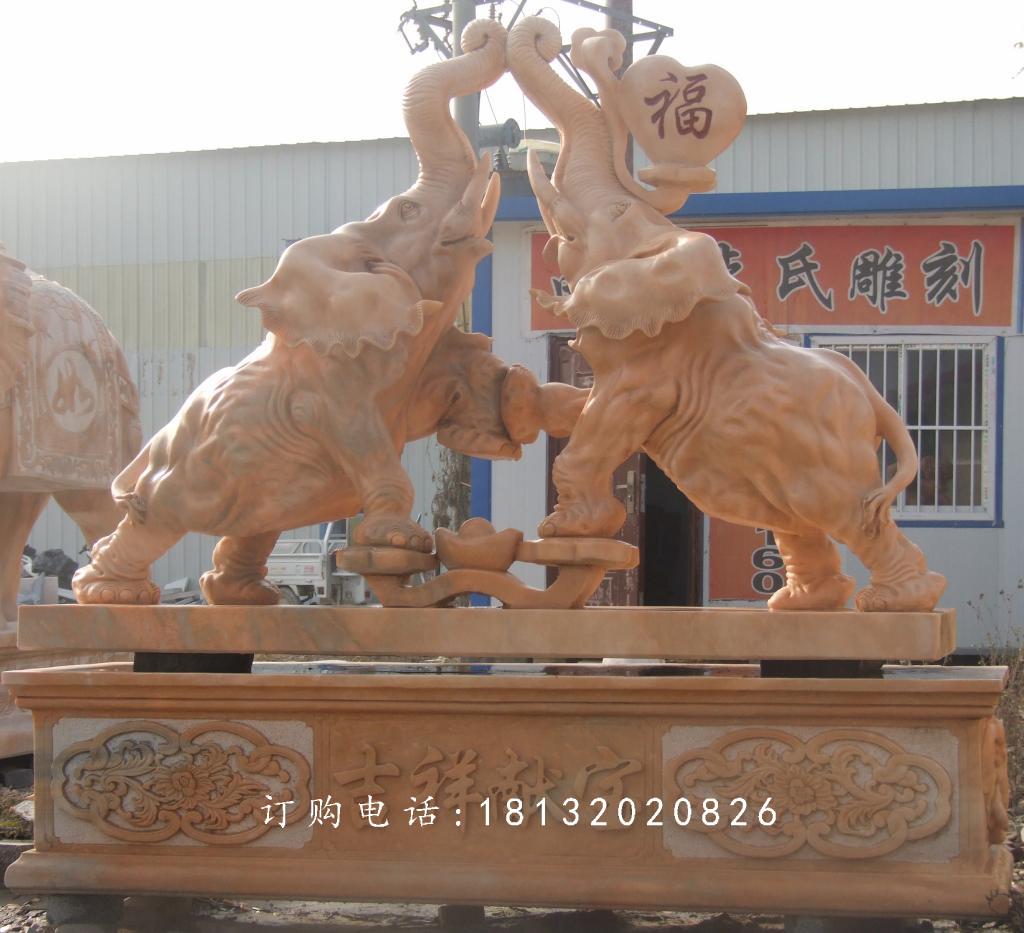 吉祥獻(xiàn)寶石雕，晚霞紅大象石雕 (2)