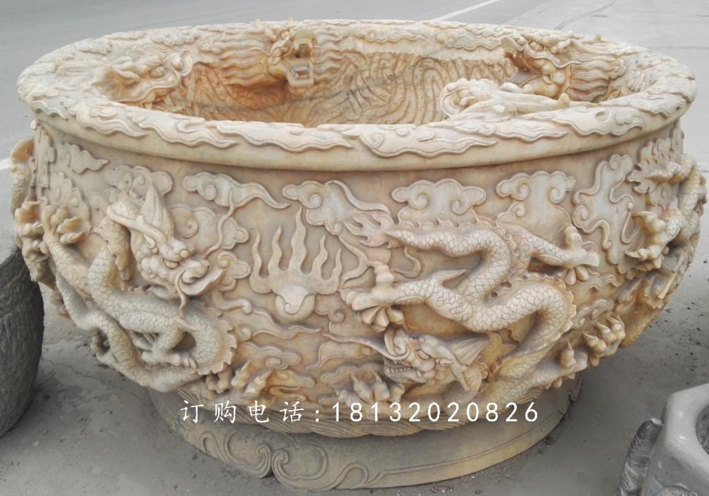 晚霞紅水缸石雕，龍浮雕水缸 (3)