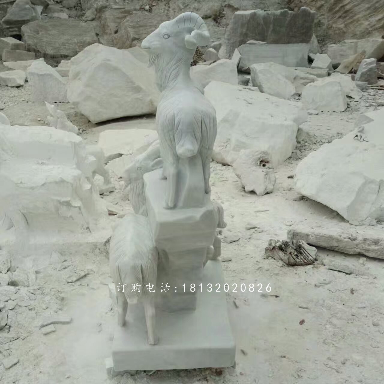 漢白玉山羊雕塑，石雕三羊開泰 (4)