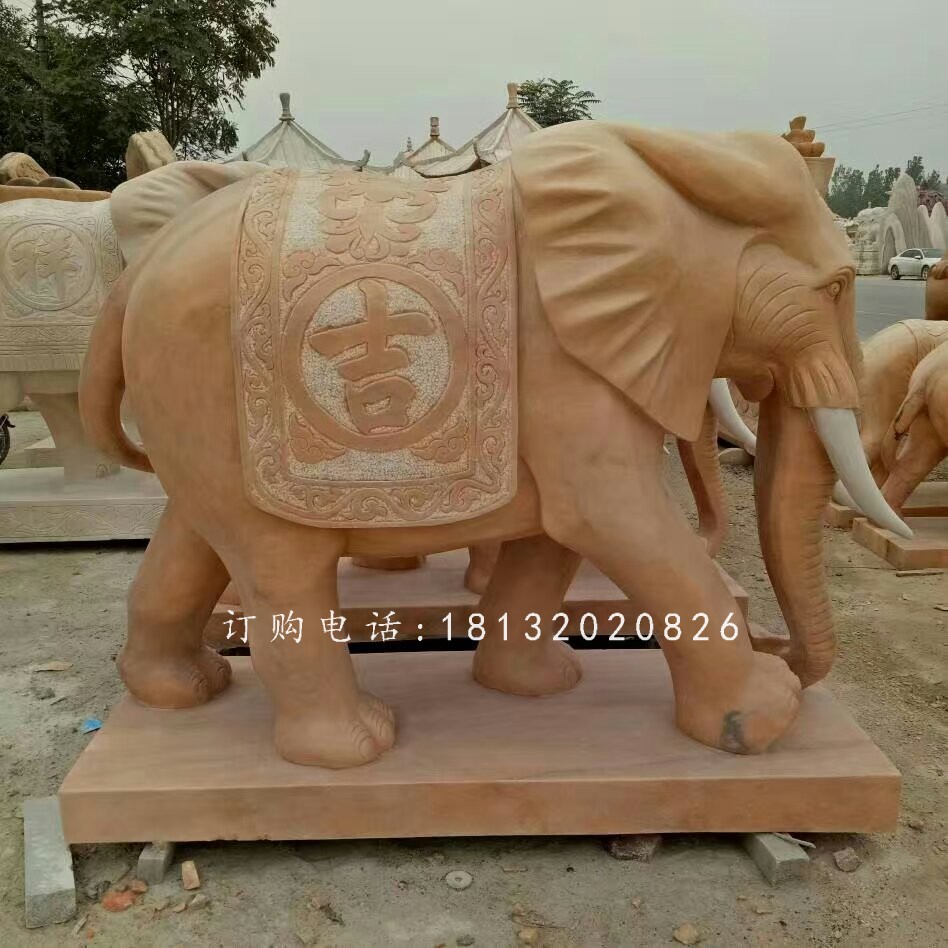 吉祥如意大象雕塑，晚霞紅石雕象 (3)