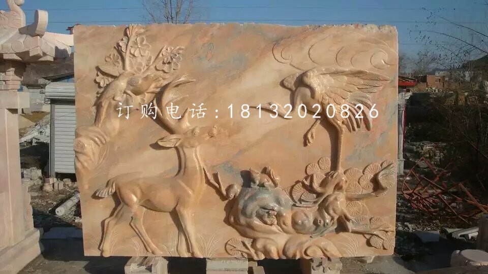 鹿鶴同春浮雕，晚霞紅石浮雕