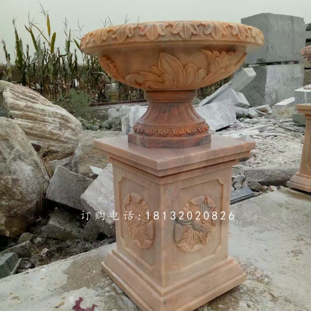 晚霞紅石雕花盆，小區花盆雕塑