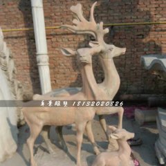 三只鹿石雕，晚霞紅動物雕塑