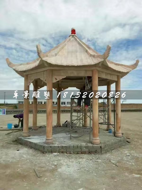 晚霞紅八角涼亭，公園石涼亭