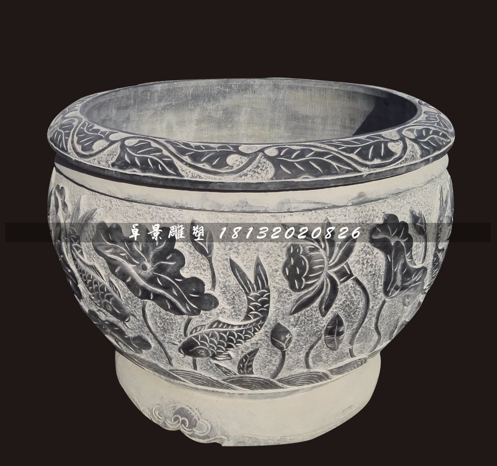 青石荷花魚水盆，仿古石水缸 (2)