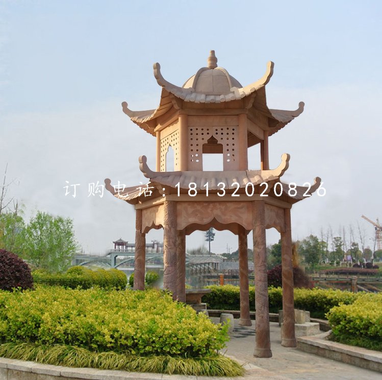 公園石亭子，晚霞紅雙層涼亭