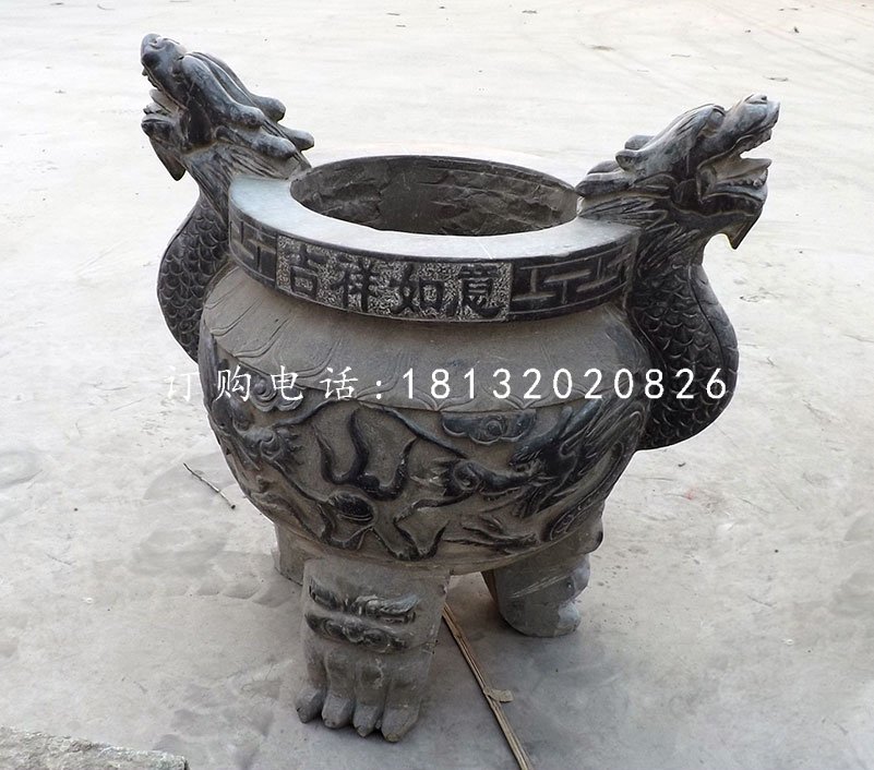 三足香爐石雕，青石圓形香爐