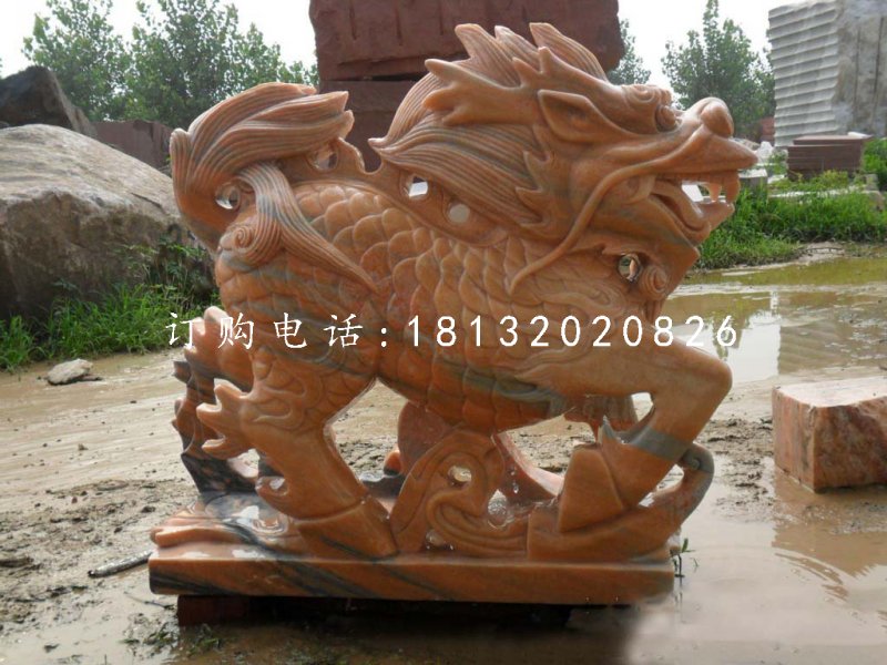 古代神獸石雕，晚霞紅麒麟雕塑 (1)