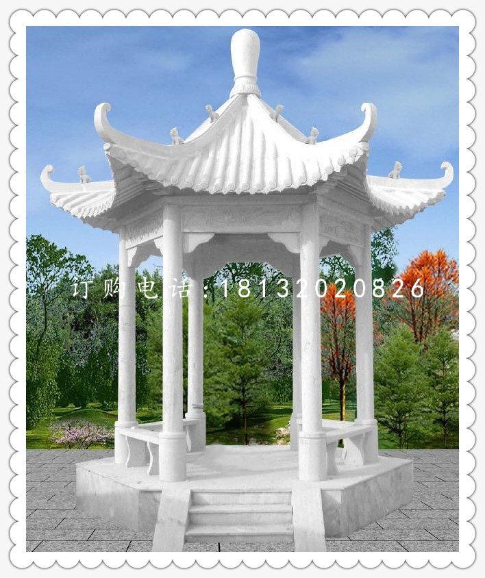 漢白玉六角石涼亭，公園涼亭石雕