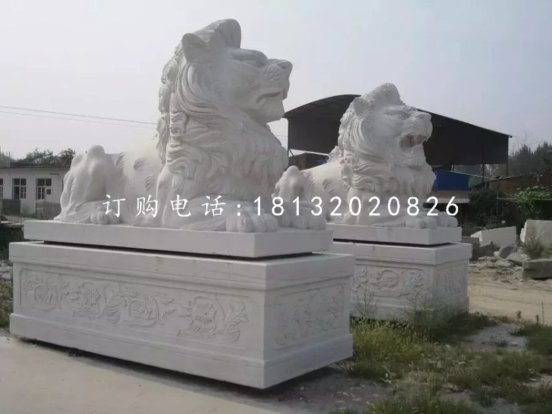 漢白玉西洋獅石雕，趴著的獅子石雕