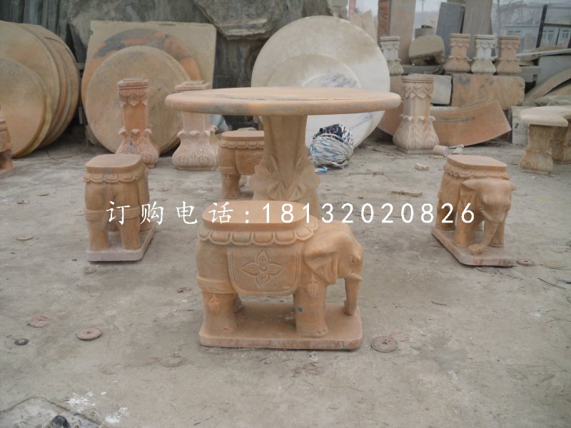 象凳石雕，晚霞紅桌椅