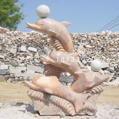 海豚戲球石雕 晚霞紅動物石雕