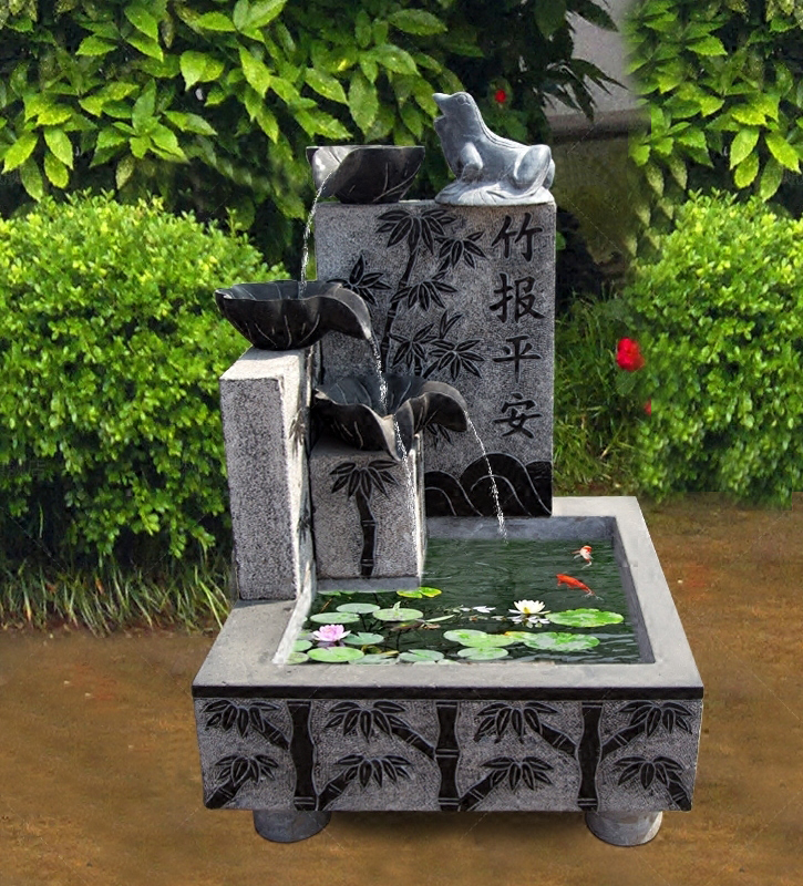 竹報平安石浮雕流水池，園林景觀擺件