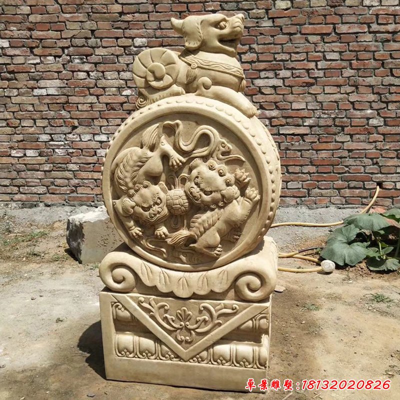 晚霞紅獅子抱鼓 石雕庭院景觀雕塑 (1)