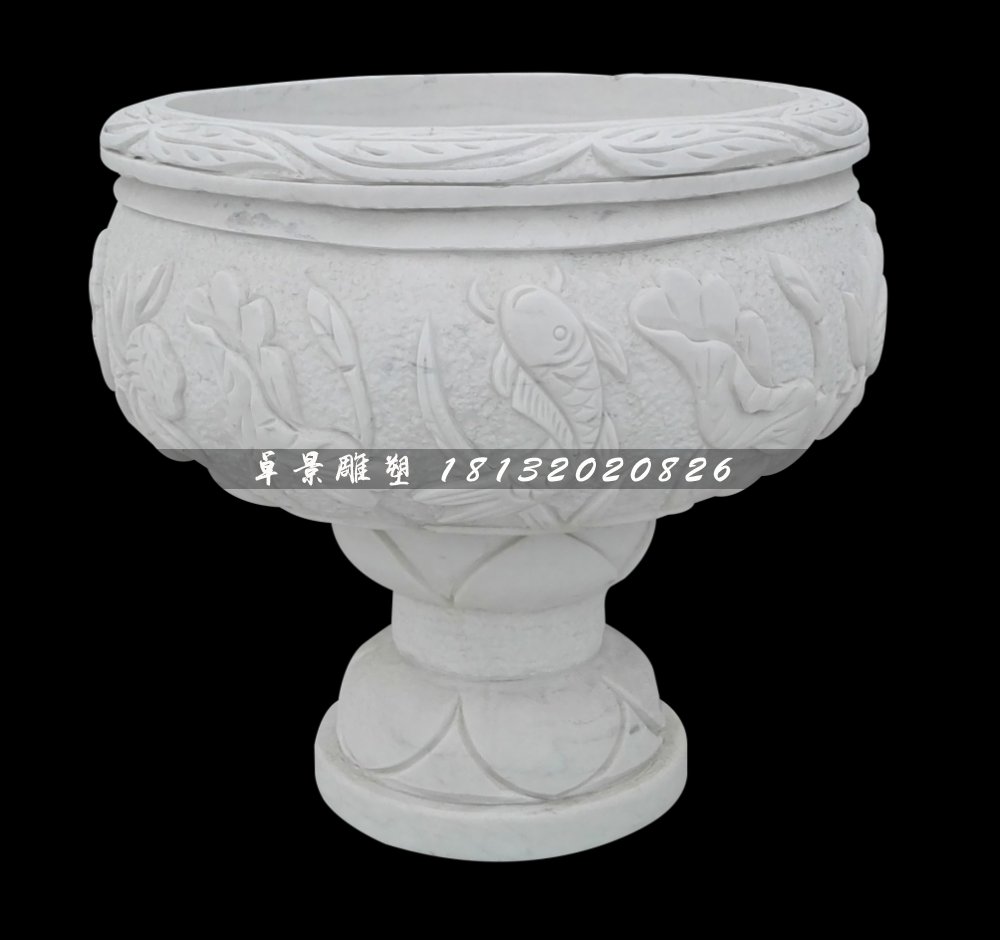 石雕花盆，漢白玉花盆雕塑