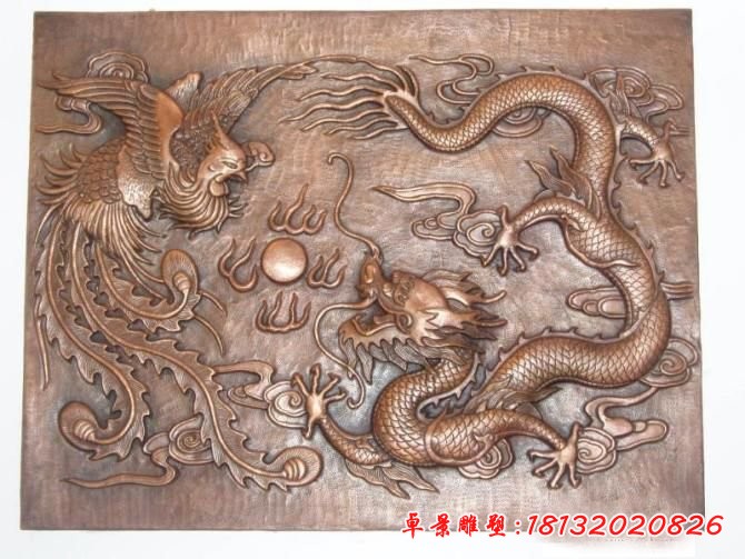 銅浮雕，龍鳳戲珠銅浮雕