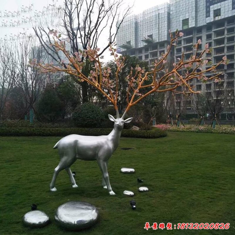 不銹鋼樹枝梅花鹿鵝卵石雕塑